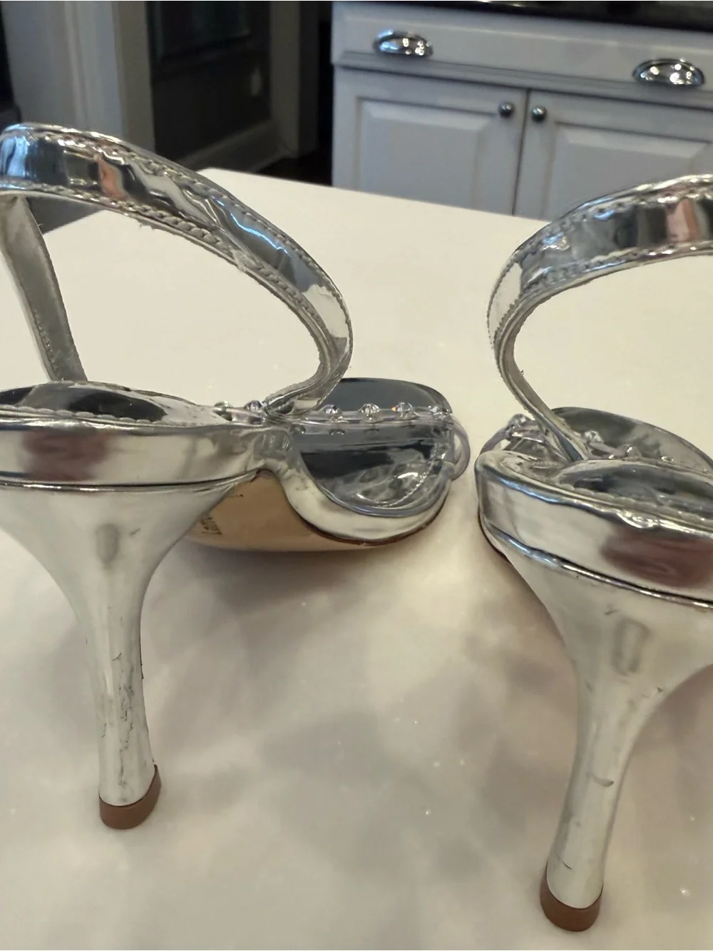LARROUDE Annie Sandals Silver Swarovski Crystals Slingback Heels Sz 6.5 NEW